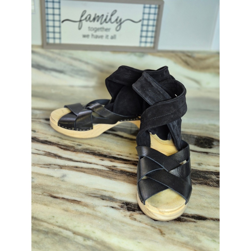 Made in Spain Black Leather Suede Ankle Wrap Wood Clog Sandals Size 39